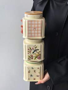 1pc French Vintage Floral Ceramic Storage Jar, Multi-Purpose Square Shape With Round Lid, Round Ceramic Airtight Canister, Coffee Bean Container, Suitable For Kitchen Spices, Coffee, Grains, Candy, Cookies, Home Kitchen Table Decor - Multicolor - View 8