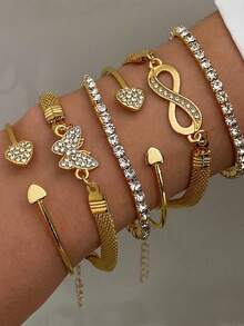 6pcs Women's Minimalist Personalized Metal Rhinestone Bracelet Set - Includes Butterfly, Heart And Infinity Symbol Elements, Multi-Layer Stacking Design, Suitable For Daily Wear, Party, Date And Other Occasions - Gold 6pcs Heart Bow - View 2