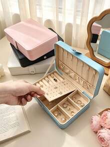 1pc Large Capacity Jewelry Box, PU Leather Jewelry Box, Portable Travel Jewelry Storage Box, Multi-Layer Jewelry Display Box, Compact Earring & Ring Box, Jewelry Organizer, Women's Gift Box, Travel Essential - Multicolor - View 5