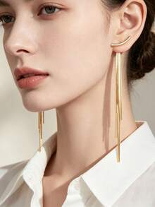 HOTNICE Anting-anting Rumbai Panjang Emas untuk Wanita, Anting-anting Gantung Batang Melengkung, Perhiasan Emas Minimalis untuk Pesta Sehari-hari, Hadiah Pernikahan - Yellow Gold - View 2