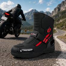 New Men's Professional Motorcycle Boots, Suitable For Racing Training And Combat, Fashionable Motorcycle Shoes, Riding Shoes, With Rotary Buckle, PU Upper Motorcycle Shoes - Black and Red - View 6