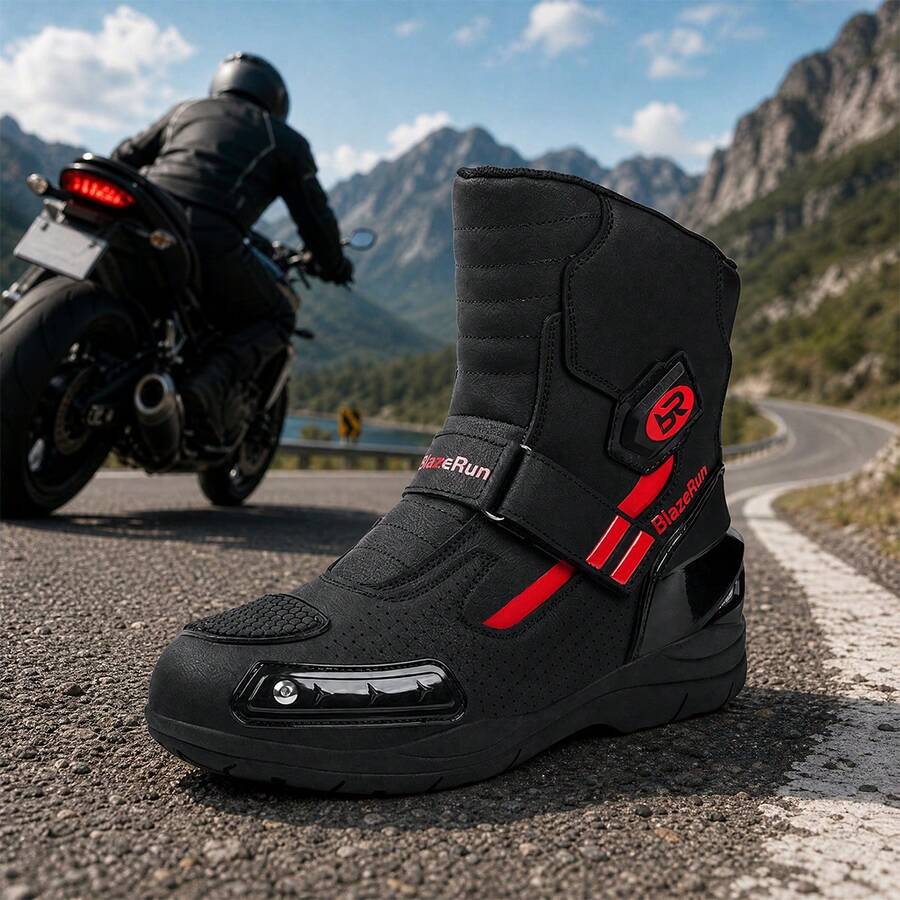 New Men's Professional Motorcycle Boots, Suitable For Racing, Training And Combat, Fashionable Motorcycle Shoes, Riding Shoes, With Rotary Buckle, PU Upper Motorcycle Shoes - Black and Red - View 1