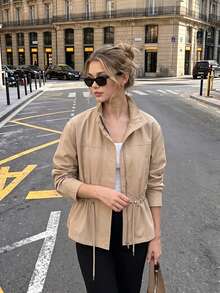Chaqueta con cordón para mujer, elegante, unicolor, con cuello alto y manga larga, abrigo casual de calle para mujer - Caqui - Ver 9