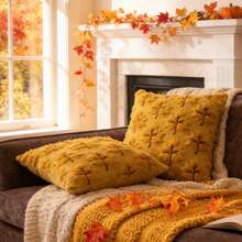 1pc 17.7x17.7 Inch 3D Maple Leaf Quilted Loop Plush Pillow Cover, American Countryside Autumn Harvest Faux Fur Cushion Cover, Thanksgiving Fall Decor For Living Room Sofa Bedroom, Pillow Insert Not Included - Ginger - View 5