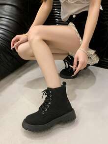 Women's Lace-Up Side Zipper Thick Sole Boots, British Vintage Versatile Height-Increasing Slimming Ankle Boots - Black - View 3