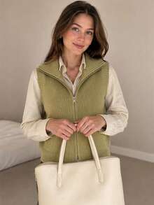 Women's Ribbed Knit Zip-Up Turtleneck Vest, Sleeveless Solid Sweater Waistcoat - Mustard Yellow - View 4