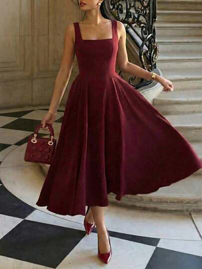 Plus Size Elegant Casual Zipper Square Neck Backless Cinched Waist Everyday Vacation Office Dress, Summer Dresses For Women, Elegant Dresses For Women, Casual Dress For Women