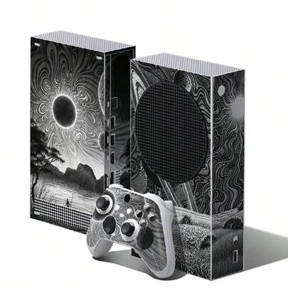 Vinyl Skin Decal For Xbox Series S Console And Controller, Black And White Line Art Solar Eclipse Landscape, Waterproof, Scratch-Resistant, Removable With No Residue