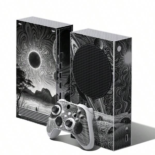 Calcomanía de Vinilo para Consola Series S y Control, Arte de Línea Negro y Blanco Paisaje de Eclipse Solar, Resistente al Agua, Resistente a Arañazos, Removible sin Residuos