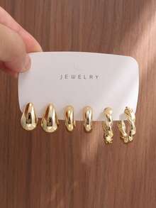 6/18PCS Fashionable Elegant Water Drop Twisted Geometric Textured Metallic Earrings Set Suitable For Party, Banquet, Travel, Wedding, Vacation, Daily Wear Jewelry Gift (Lightweight ABS Material, Non-Fading) - Gold - View 8