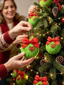 6pcs/Set Christmas Bow Heart-Shaped Plush Ball Decorations, Christmas Decor Set, Suitable For Decorating Christmas Holiday Events, Theme Parties And Celebration Occasions, Also Suitable For Christmas Tree, Fireplace And Christmas Wreath Decoration - Multicolor - View 2