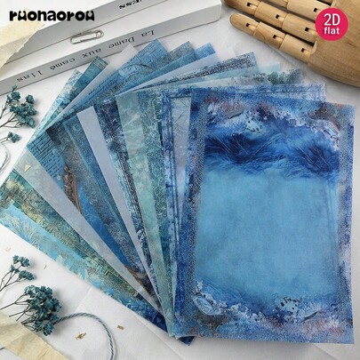 Ruonaorou bộ 12 tờ giấy vellum trang trí sổ junk journal vintage màu xanh hải quân phong cách biển sâu, vân sóng đại dương trong suốt cao cấp, họa tiết dưới nước, giấy vật liệu trang trí planner, DIY nhật ký, sổ tay, phong bì, thiệp chúc mừng, dạng phẳng 2D, A5