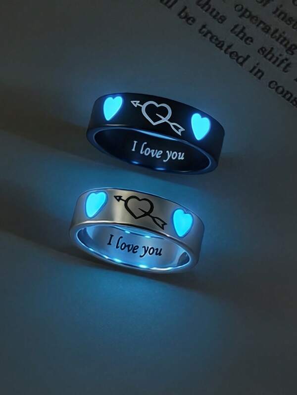 ATLVXJL 2pcs/Set Glowing Couple Rings, Family & Friendship Style, Luminous Double Heart & Arrow Through Heart Design, Silver & Black Stainless Steel, Casual Jewelry Rings For Daily Wear And Holiday Gift
