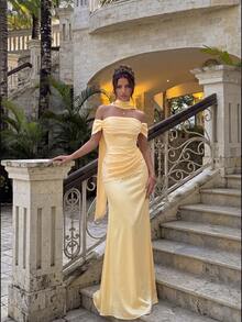 Basrey Women's Elegant Cream Yellow Long Cocktail Dress, Strapless Backless Design With Pleats And Tie Details, Suitable For Evening Gown, Formal Occasions And Weddings - Creamy Yellow - View 5