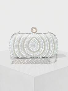 Women's Elegant/Pearl Pattern Design Box Clutch Evening Bag, Romantic Wedding Handbag, Charming/Exquisite Evening Dress Bag, Shiny Apricot Box Clutch Handbag With Chain, Perfect Choice As Holiday Gift. Comes With Metal Chain. - White - View 1