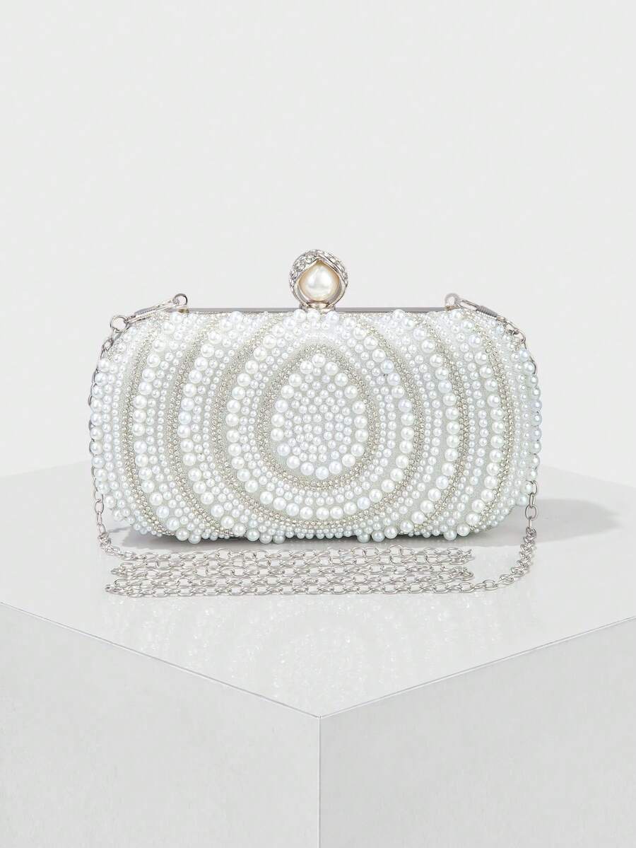Women's Elegant/Pearl Pattern Design Box Clutch Evening Bag, Romantic Wedding Handbag, Charming/Exquisite Evening Dress Bag, Shiny Apricot Box Clutch Handbag With Chain, Perfect Choice As Holiday Gift. Comes With Metal Chain. - White - View 1