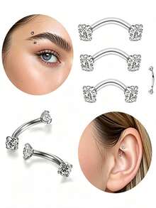 1 pieza Exquisito anillo de ceja de acero inoxidable 316L brillante con barra curva, barra de doble extremo, pendiente de cartílago de oreja, joyería de perforación con rosca interna y cuatro puntas de strass, adecuado para uso diario - Blanco - Ver 1