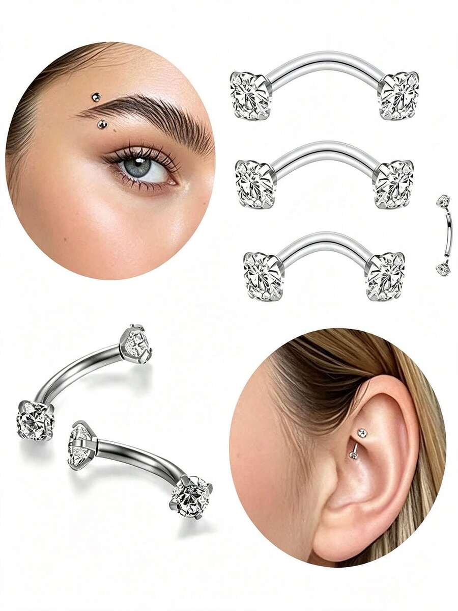 1 pieza Exquisito anillo de ceja de acero inoxidable 316L brillante con barra curva, barra de doble extremo, pendiente de cartílago de oreja, joyería de perforación con rosca interna y cuatro puntas de strass, adecuado para uso diario - Blanco - Ver 1