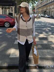 Women's Autumn/Winter Color Block Patchwork Round Neck Knit Cardigan Vest, Simple Casual Sweater Top, Versatile Style - Beige - View 3
