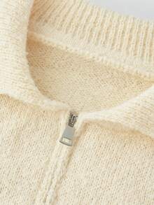 Korean Style Soft Knit Cardigan With Turn-Down Collar And Zipper, Loose Fit Versatile Minimalist Casual Sweater Jacket - Apricot - View 4