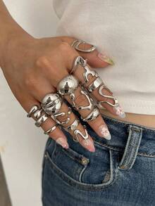 29/15/7pcs Elegant Vintage Casual Faux Pearl Geometric Flower Metal Ring Set For Women Daily Wear - Silver - View 10