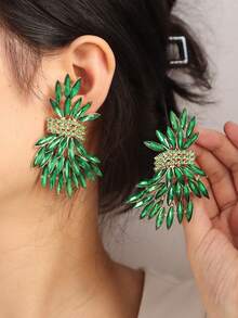 1 Pair Exaggerated Luxury Crystal Leaf Wedding Earrings, Fashionable Elegant Women's Jewelry Gift - Green - View 1