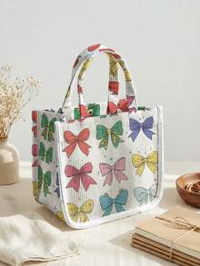 1pc Colored Bow Print Corduroy Tote Bag, Snap Button Closure Cute ...