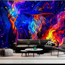 魔幻火焰巫師掛毯 彩虹長鬍子魔法師與大釜印花 漩渦色彩星雲星空壁掛 唯美室內牆面藝術裝飾布 - 火焰坩堝 - 查看 7