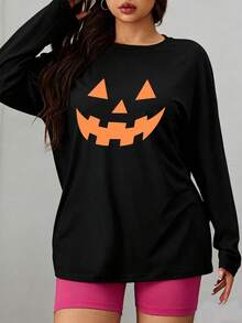 Plus Size Women's Halloween Pajamas, Pumpkin Smile Print Long Sleeve Top, Suitable For Sleeping, Sports, Home Wear, Autumn/Winter - Black - View 3