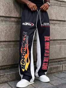 MAISONFOX Men's Black Racing Sports Pants With Motorcycle Flame Pattern And Slogan Print, Color Block Side Stripes Loose Fit Joggers, Y2K Streetwear Style - Black - View 1
