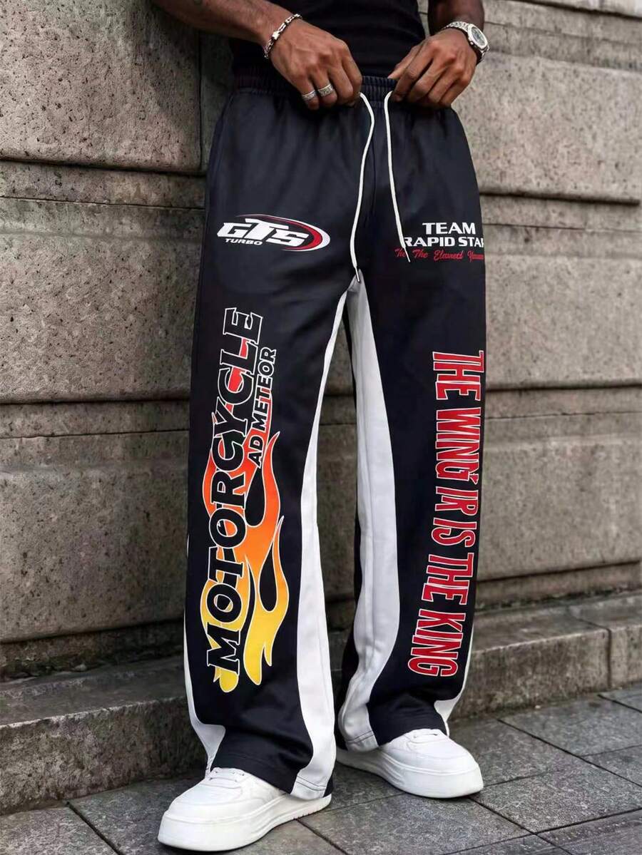 MAISONFOX Men's Black Racing Sports Pants With Motorcycle Flame Pattern And Slogan Print, Color Block Side Stripes Loose Fit Joggers, Y2K Streetwear Style - Black - View 1