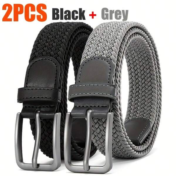 2 Packs Unisex Elastic Woven Belts, Adjustable Casual Belts Without Holes, Breathable Elastic Denim Belts.