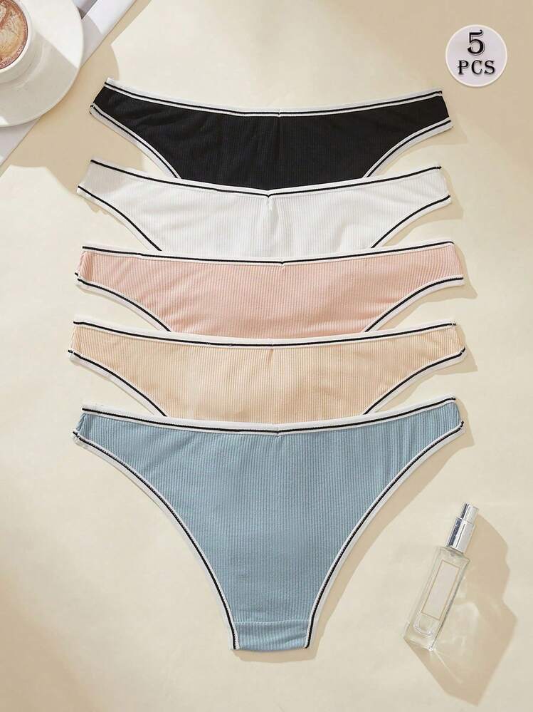 5pcs/Pack Women's Comfortable Contrast Trim Knit Fabric Elegant Triangle Panties - Multicolor - View 2