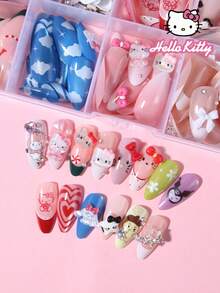 Sanrio Hello Kitty 240片裝（10款混色）杏仁形法式穿戴甲，附可愛3D Hello Kitty與Kuromi裝飾，蝴蝶結、愛心與珍珠設計，完美貼合壓克力假指甲套組，適合女性與女孩日常及派對使用 - 彩色 - 查看 4