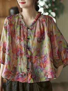 Women's Autumn Back To School Full Print Front Button Ruffle Loose Casual Blouse Top Summer - Multicolor - View 3