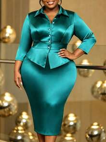 Curvy Women Elegant Satin Two Pieces Set Button Front Peplum Top And Midi Pencil Skirt Slim Fit Business Party Office Work Wear Fall Outfit - Green - View 4