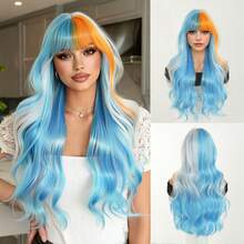 7JHH WIGS Hallowmas Green Purple & Blue Highlights Long Wave Curly Wigs For Women 26 Inch With Bangs, Synthetic Heat-Resistant Fiber Colorful Costume Wig For Cosplay Wear,Party Carnival Festivals Use - Multicolor - View 12