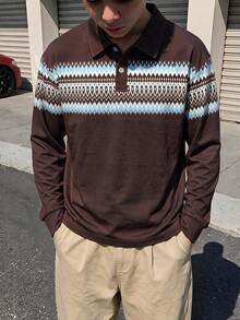 1pc Tween Boys Casual Fashion Retro Patchwork Fair Isle Print Long Sleeve Polo Sweatshirt, Spring/Autumn - Brown - View 7