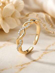 1pc Gold Twisted Rope Zirconia Ring, Adjustable Open Band, Fashionable Gift For Women's Daily Wear - Gold - View 7