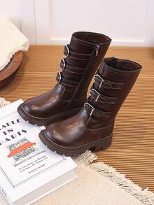 Girls' Brown Tall Riding Boots With Metal Buckle And Side Zipper, Warm Long Boots For Autumn/Winter - Brown - View 8