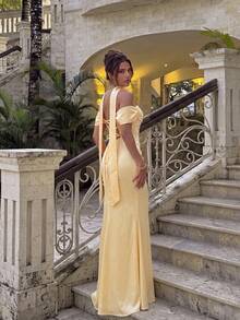 Basrey Women's Elegant Cream Yellow Long Cocktail Dress, Strapless Backless Design With Pleats And Tie Details, Suitable For Evening Gown, Formal Occasions And Weddings - Creamy Yellow - View 7