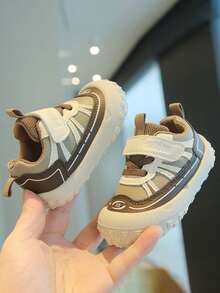 1 Pair Baby Contrast Color Hook & Loop Walking Shoes, Anti-Collision Toe, Non-Slip Thick Sole, Casual Shoes For Boys & Girls, All Season - Khaki - View 4