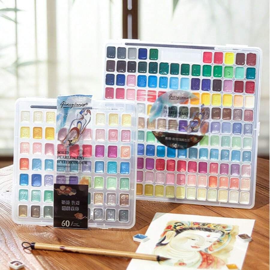 2pcs Pearl Shimmer Metallic Solid Watercolor Paint Set, Portable Glitter Watercolor Pigment For Artist Drawing & DIY Handcraft - Sets - View 1
