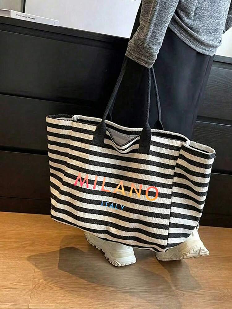 "Milan, Italy" Gradient Letter Print Striped Tote Bag Set With Matching Zippered Makeup Pouch, Fashion Urban Street Style Shoulder Bag, Vintage Striped Handbag, Large Capacity Daily Work Study Travel Shoulder Handbag, Portable Reusable Shopping Bag, Personalized Gift Bag, Suitable For Travel, Beach Vacation, Office Work And Daily Commute, Perfect Gift For Women, Family, Teachers, Friends, Best Friends And Students, Back To School, Valentine's Day, Teacher's Day, Halloween, Easter, Christmas Gift - Multicolor - View 8