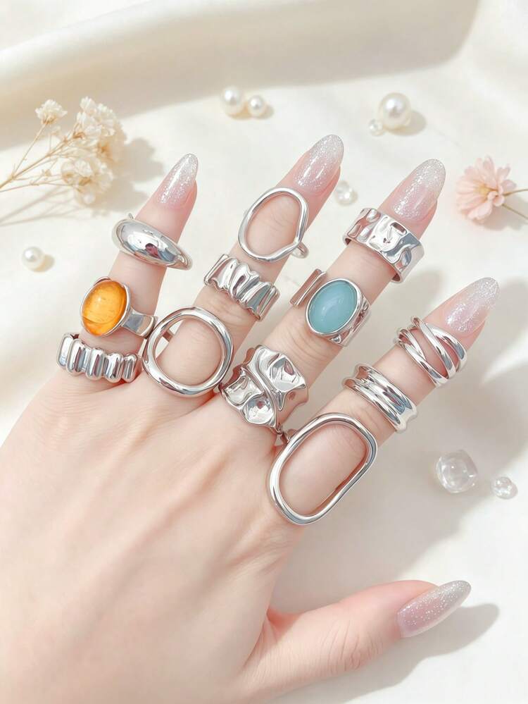 15pcs Wide Geometric Asymmetrical Textured Liquid Shape Heart Water Drop Cross Multi-Layer Minimalist Plain Ring Wave Metal Style Rings Set, Stackable Fashion Simple Elegant Exquisite Vintage Design For Holiday Vacation Party Date Gift Daily Wear, Random Styles - Silver Large Hollow-out Ring Set - View 6