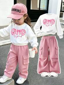 Baby Girl Bow Pattern Print Warm Crew Neck Sweatshirt And Cargo Pants - White - View 7