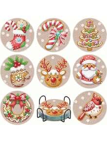 8/16pcs Winter Christmas Diamond Coaster Painting Set - Winter Christmas Pattern, Non-Slip Round Coasters, DIY Mosaic Handmade Full Round Crystal Rhinestone Heat-Resistant Coasters, Kitchen & Dining Room Decor, Suitable For Home Life, Handmade Gift, Christmas Gift - A - View 1