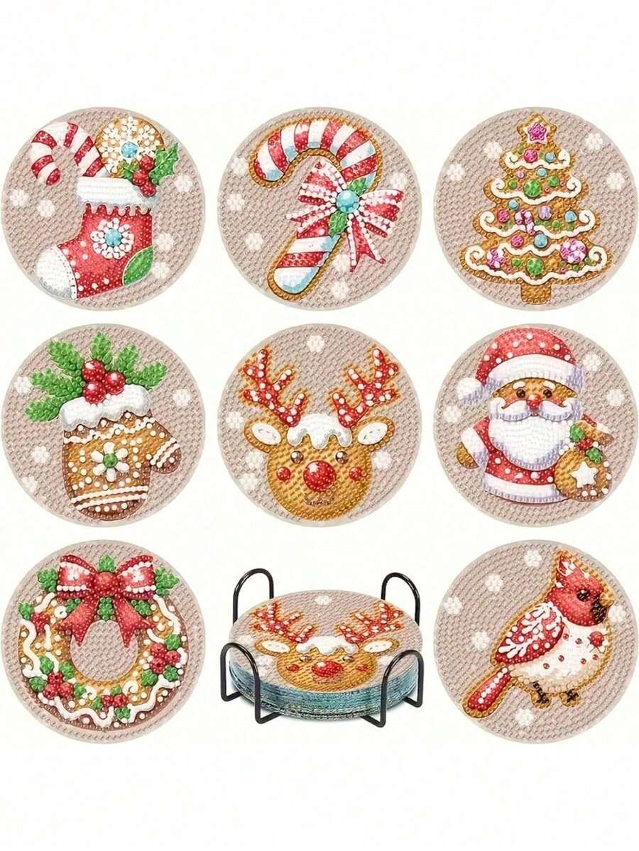 8/16pcs Winter Christmas Diamond Coaster Painting Set - Winter Christmas Pattern, Non-Slip Round Coasters, DIY Mosaic Handmade Full Round Crystal Rhinestone Heat-Resistant Coasters, Kitchen & Dining Room Decor, Suitable For Home Life, Handmade Gift, Christmas Gift - A - View 1
