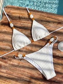 Bikinx Women's Halter Neck Backless Textured Fabric Bikini Set, Contrast Color Beaded Design, Casual Vacation Beach Style - White - View 3