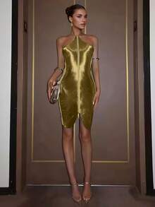 Sexy Sheer Women's Spaghetti Strap Backless Sleeveless Tassel Decor Short Party Evening Dress - Gold - View 3